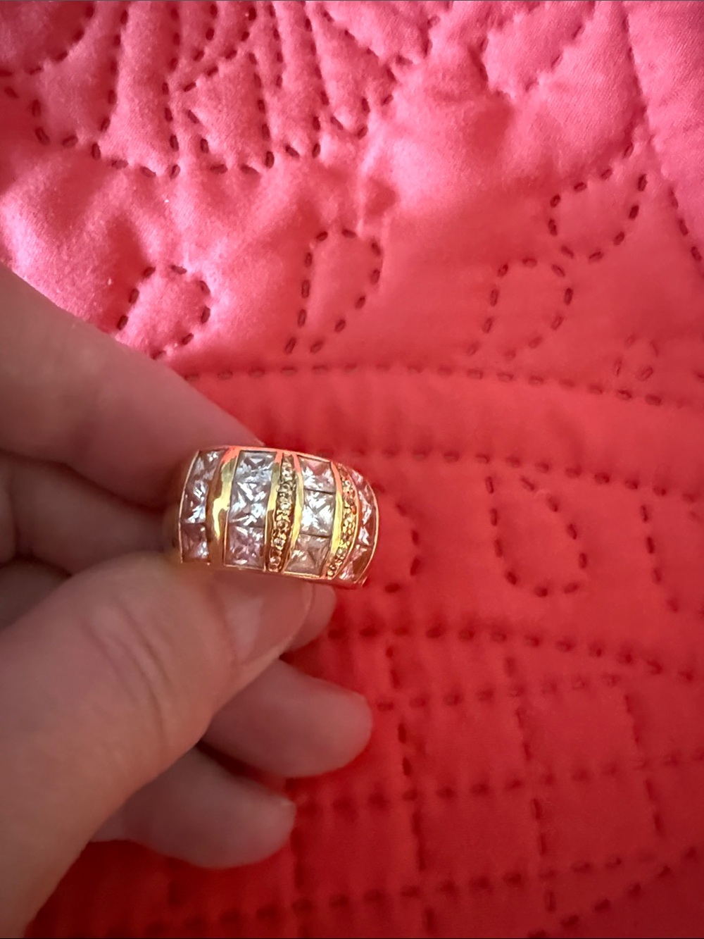 Gold-Tone Wide Band Crystal Ring - Clear Stones